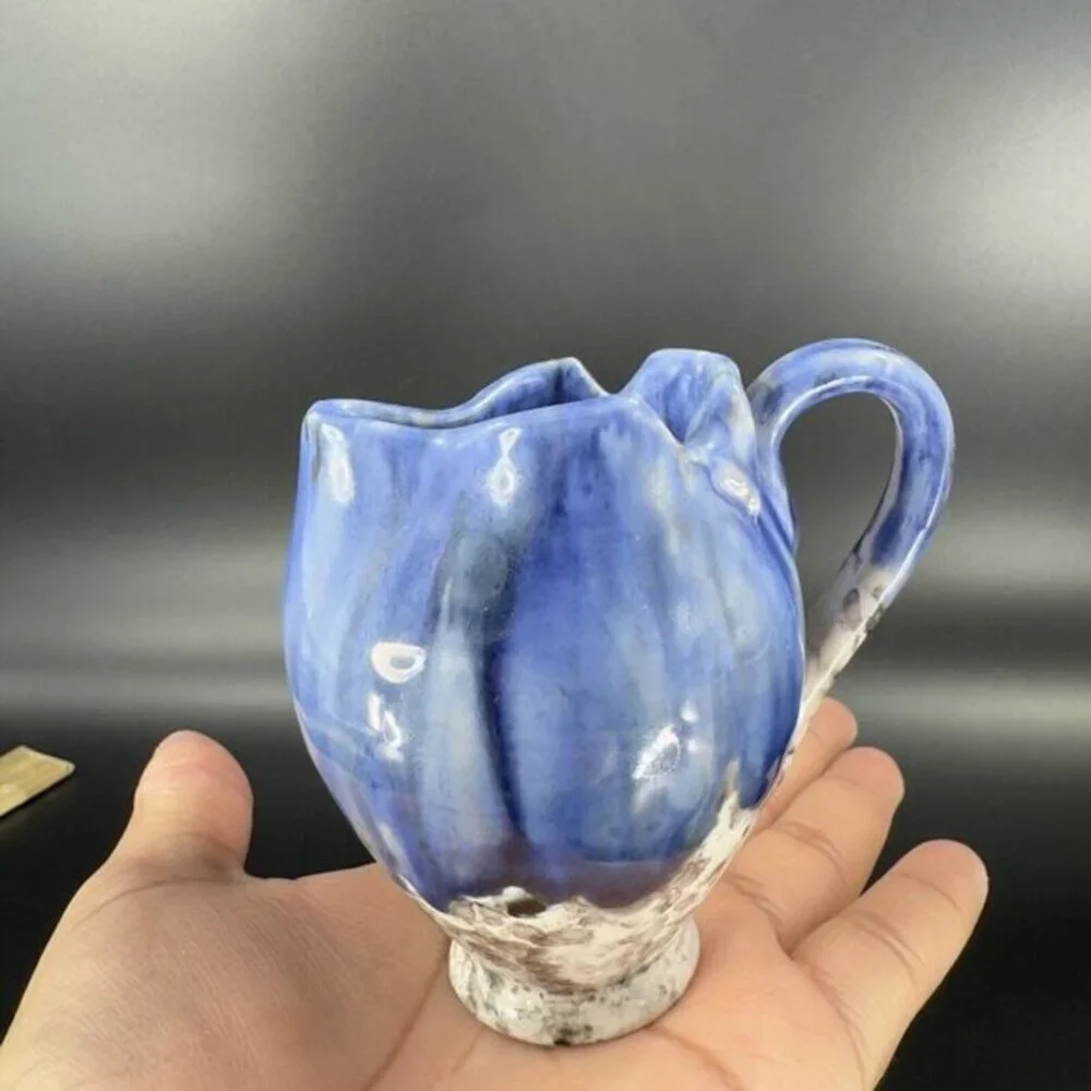 Italian Art Pottery Small Pitcher Creamer Drip Glaze Folded Edges Specked Inside